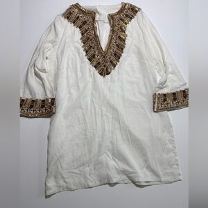 White Linen Tunic with Gold Embellishments